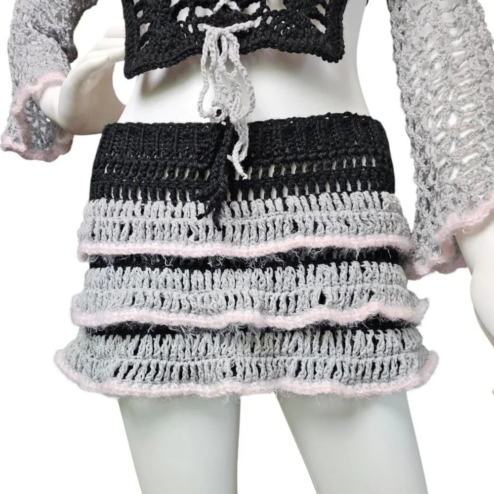 Handmade Crochet Mini‎ Skirt – Black, Gray & Pink Ruffle Knit